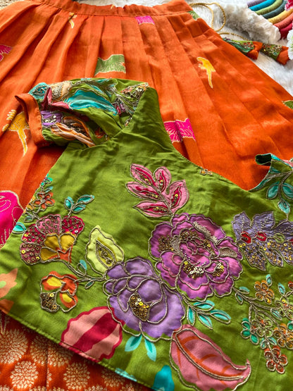 Kids lehenga made from viscose tissue silk is