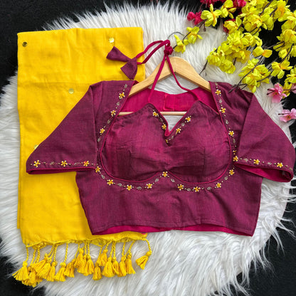 Khadi Cotton Saree with Desginer stitched blouse