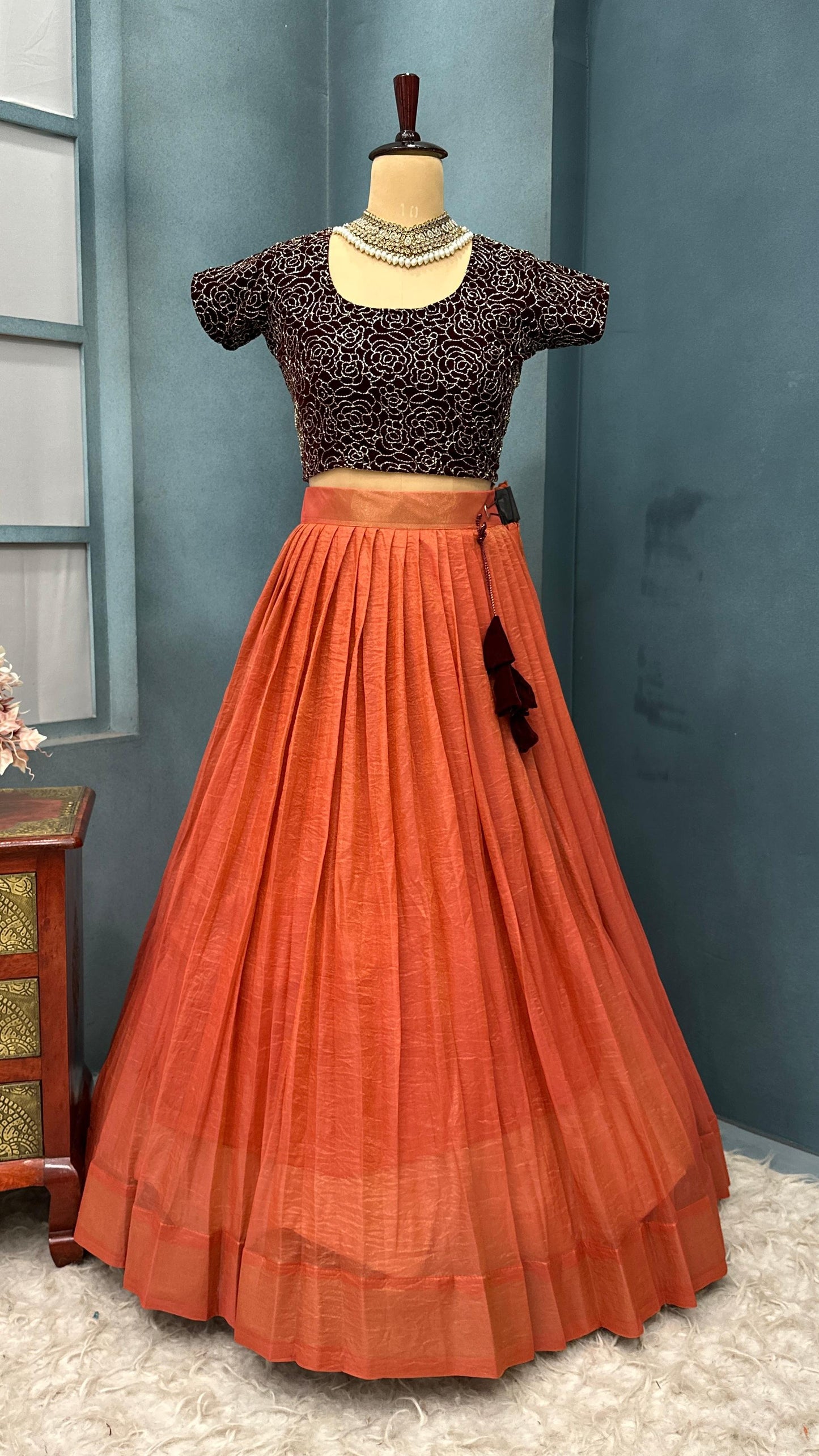 South tissue silk with velvet machine  work lehenga