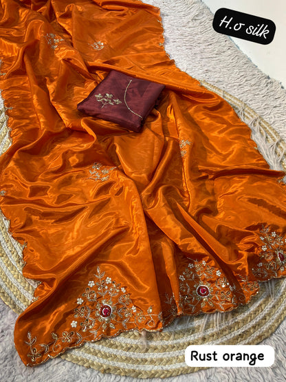 Trendy Soft shine hand work zardosi sarees