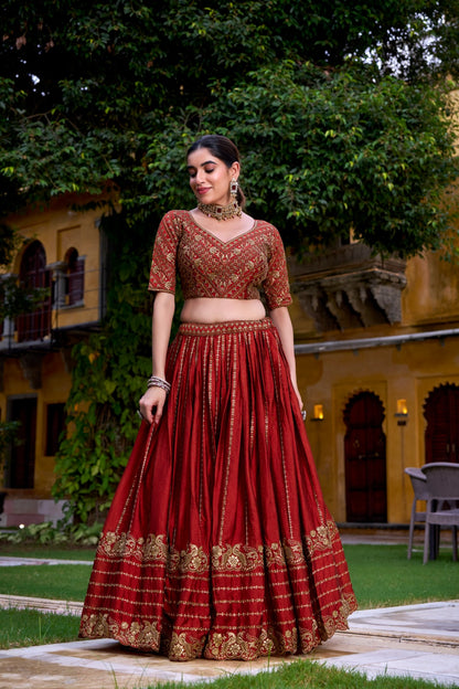 Rust Orange Lehenga Chili Embroidery Lehenga Luxe