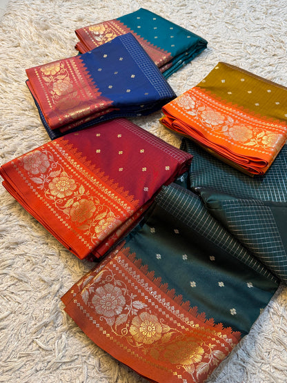Handloom Banarasi katan soft checks booti saree