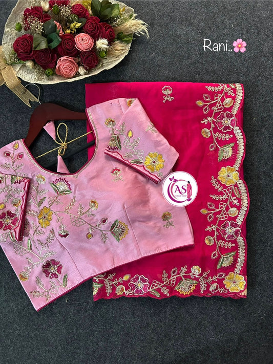 Organza blooming sari with designer stitched blouse