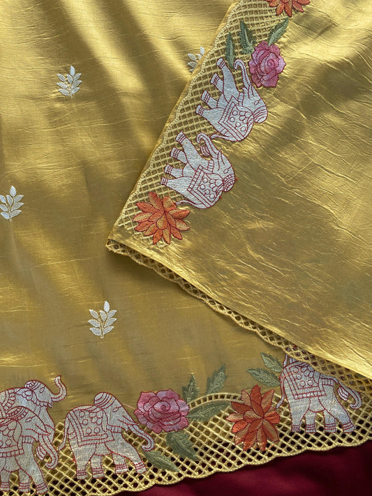 Tussar embroidered hole work premium traditional saree