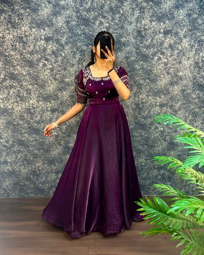 Premium Embroidery Sequence Gown with Dupatta