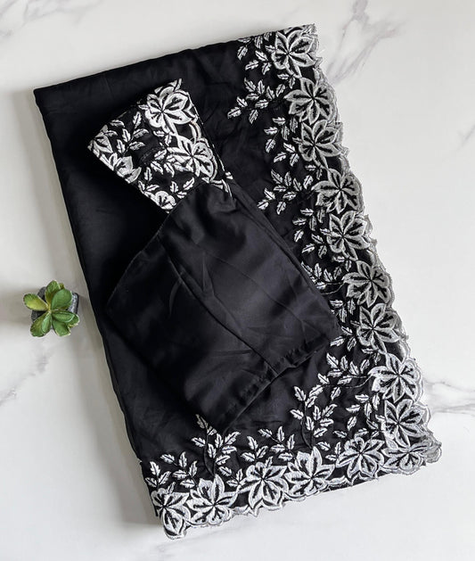 Tabi silk saree with white thread work on saree with stiched blouse