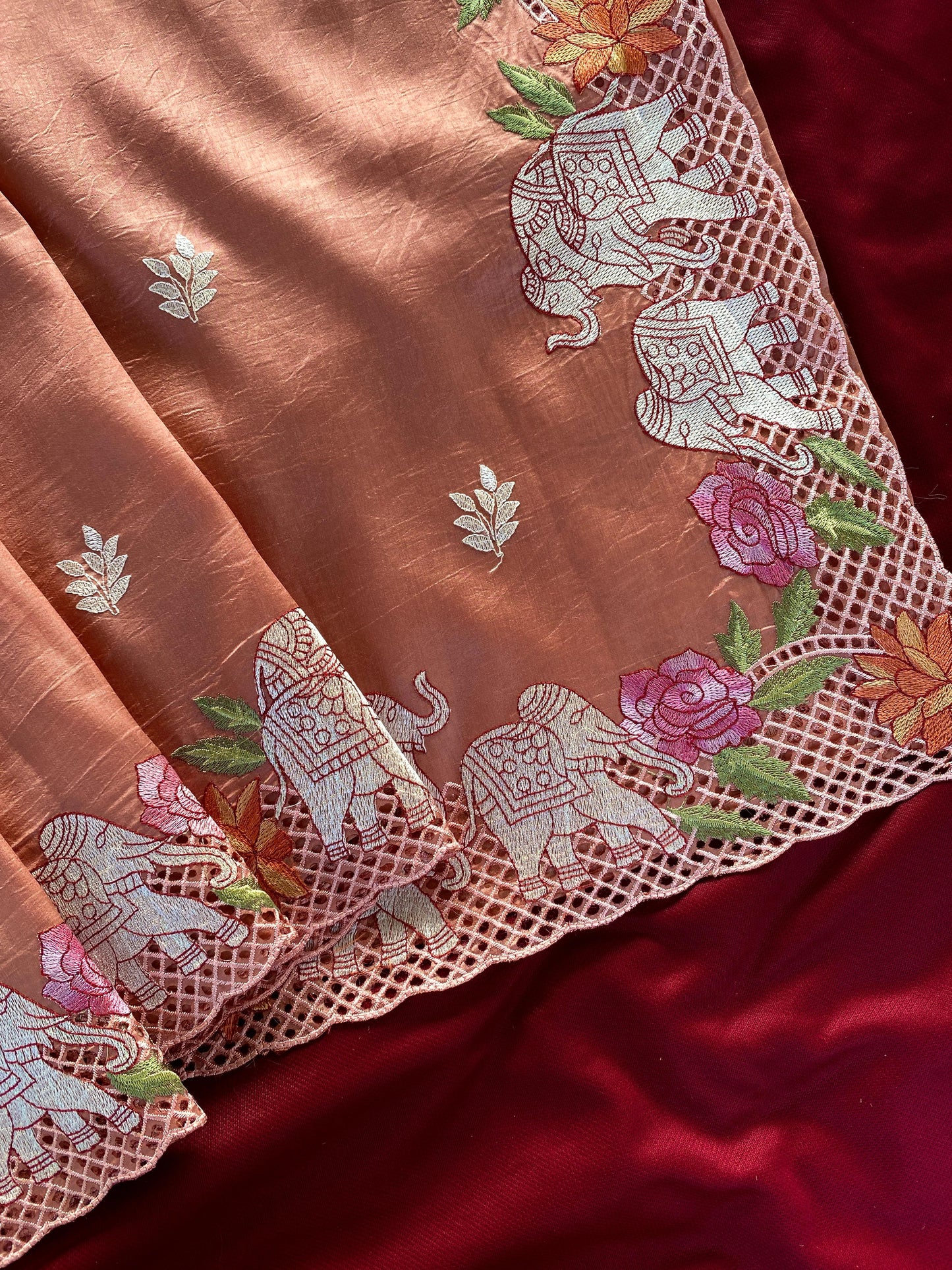 Tussar embroidered hole work premium traditional saree