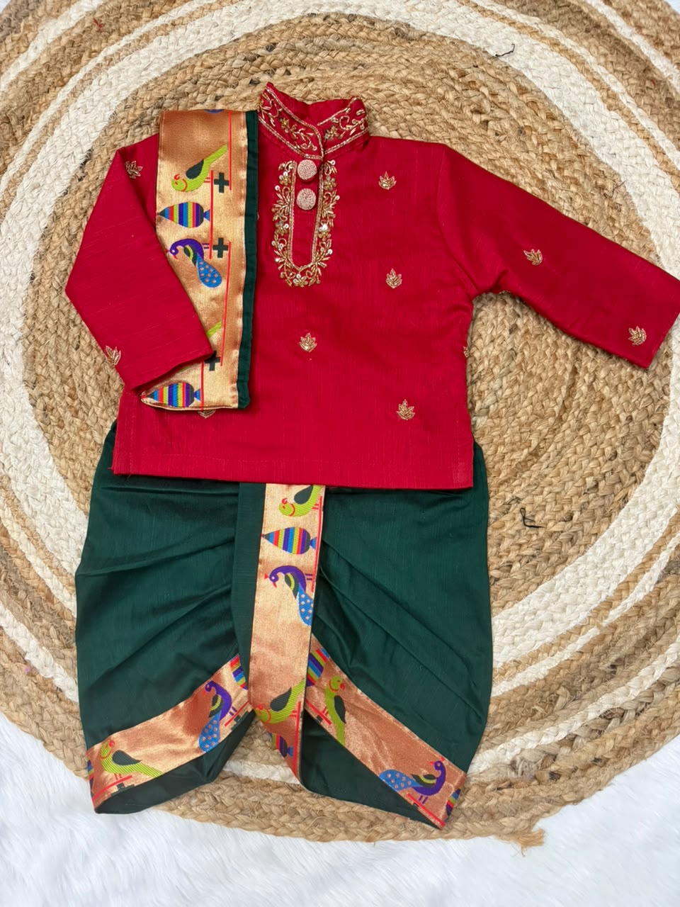 Boys Raw Silk Kurta with Dhoti Set | Paithani Border | Maggam Work