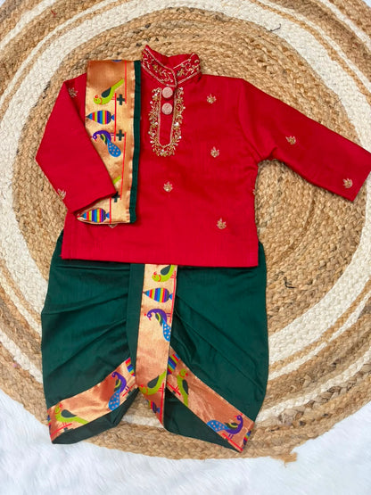Boys Raw Silk Kurta with Dhoti Set | Paithani Border | Maggam Work