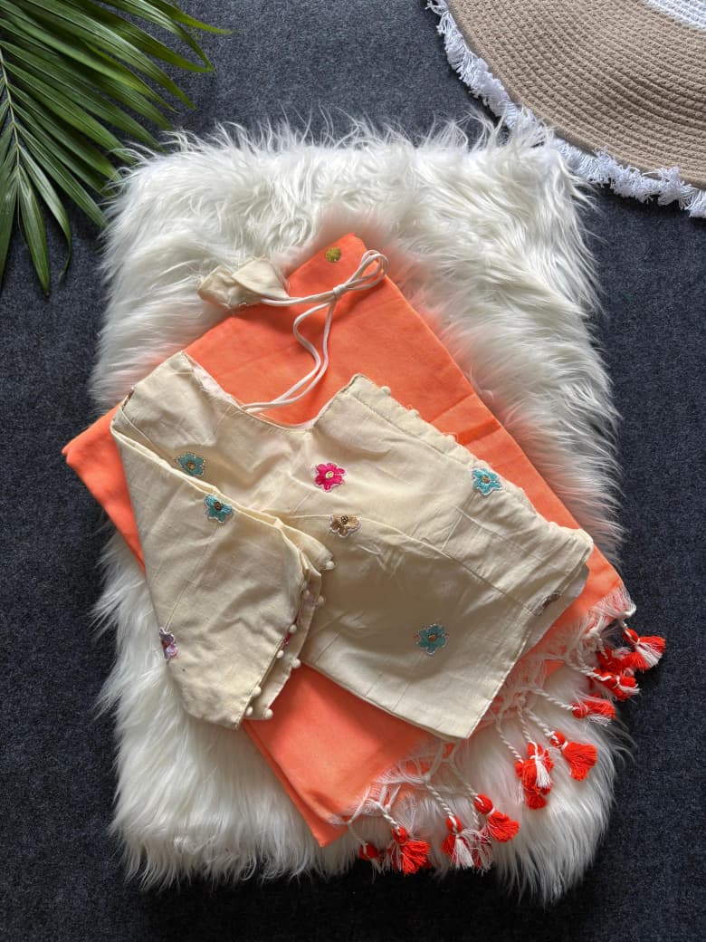 Khadi Cotton  saree with fully stitched Embroidery Blouse