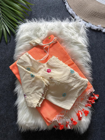 Khadi Cotton  saree with fully stitched Embroidery Blouse