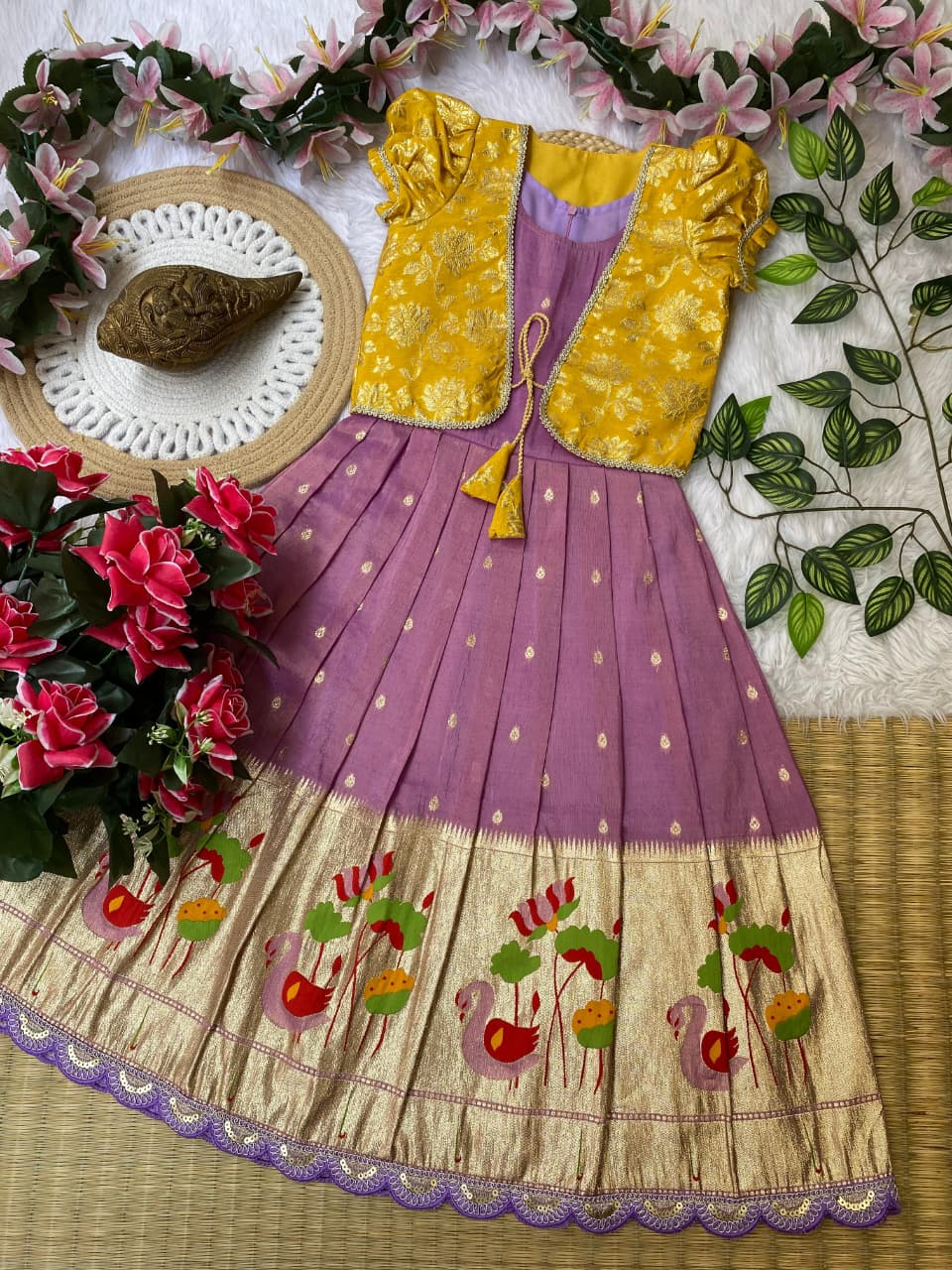 Kids gown with coat pure tissue silk fabric