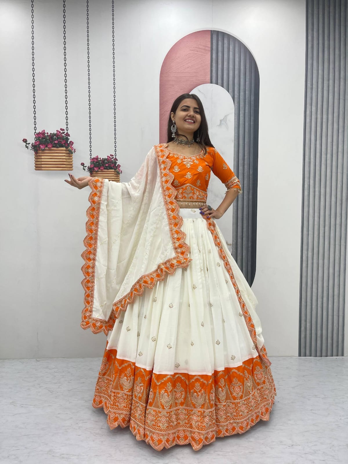 Chinon Embroidery glamour orange lehenga