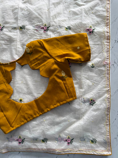 Budget Mul cotton Chanderi Saree With stitched blouse