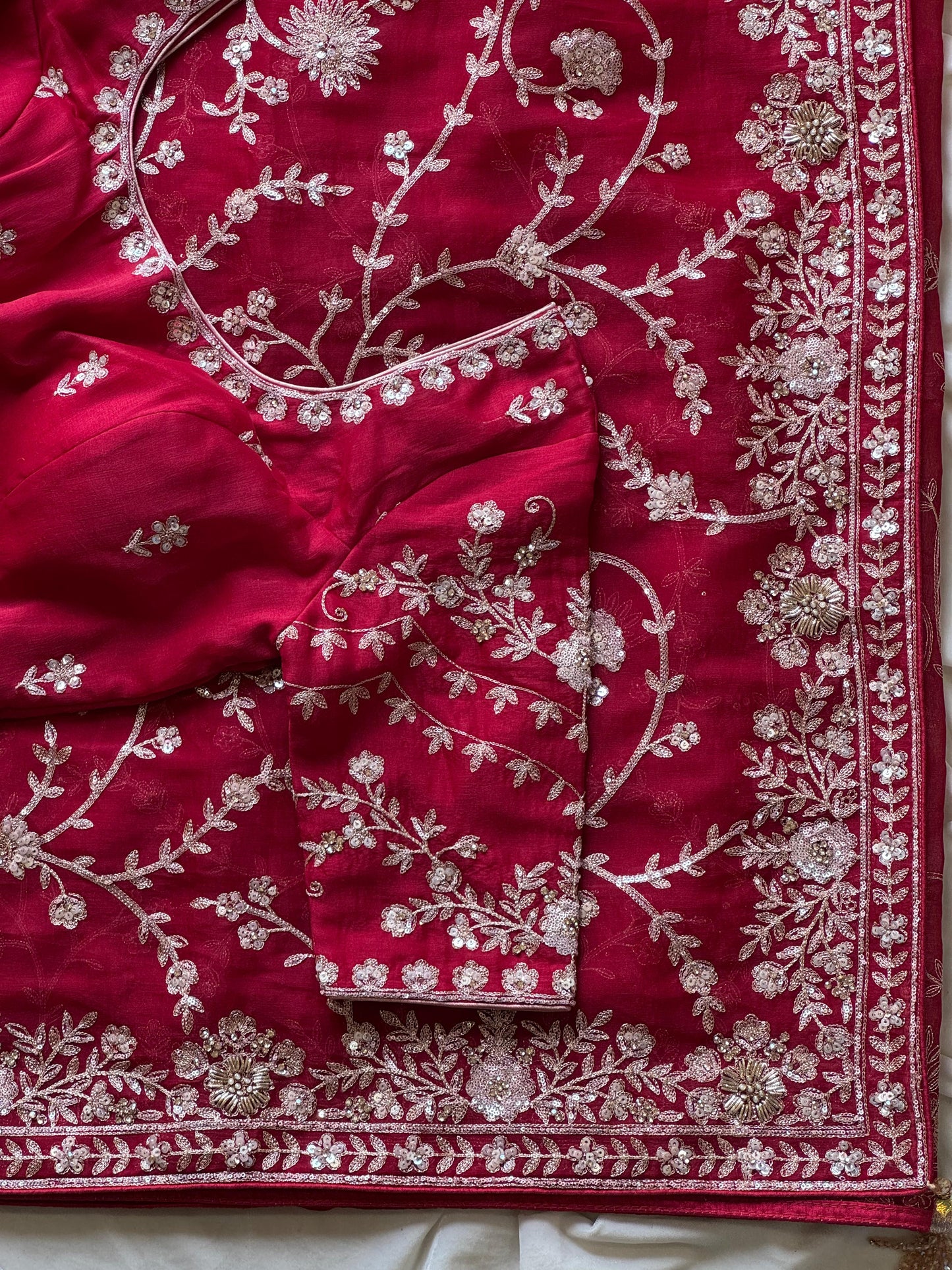 Cherry Aari Work And Handwork saree with stitched Luxe blouse