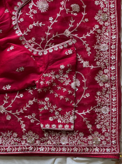Cherry Aari Work And Handwork saree with stitched Luxe blouse