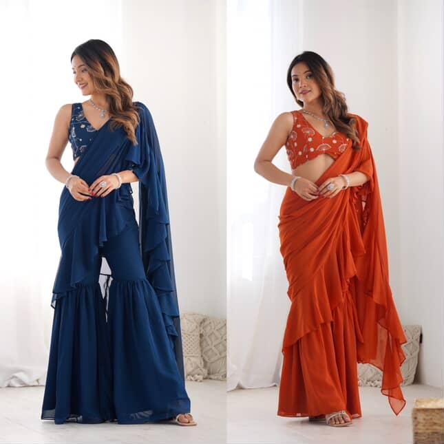 Ready to wear sharara saree with stitched blouse