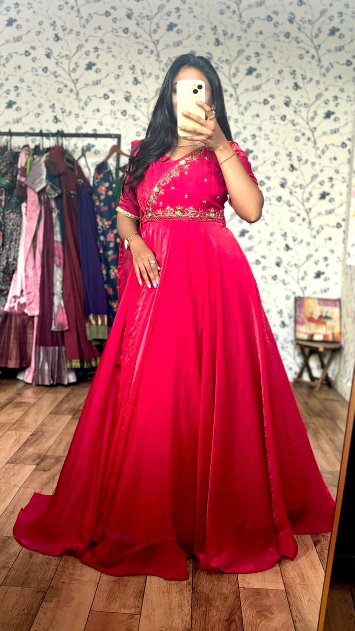Pink Maggam fusion long Gowns