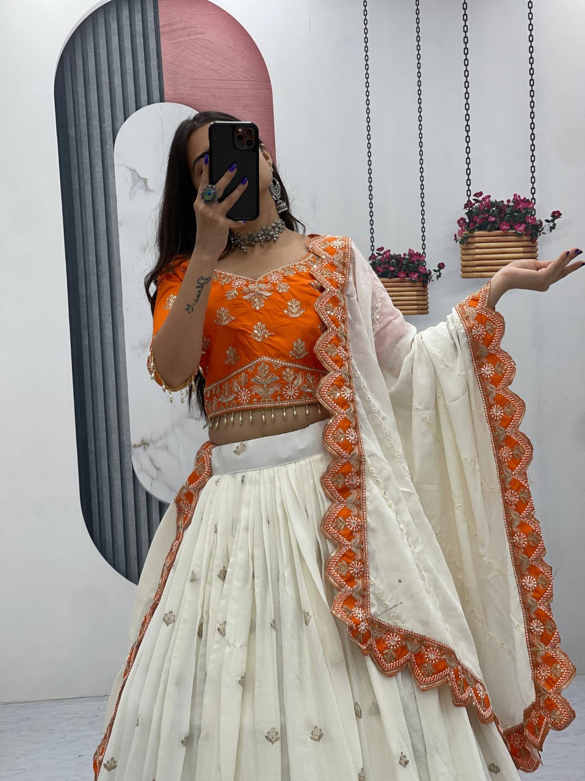 Chinon Embroidery glamour orange lehenga