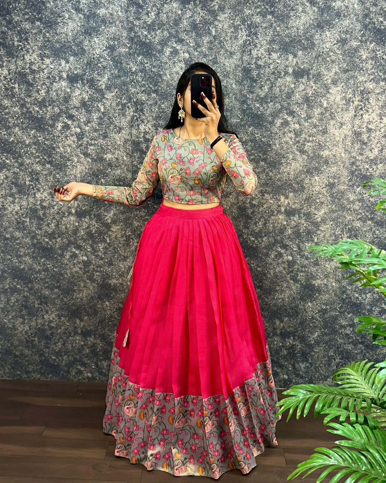 Kalamkari crop-top Kota doriya printed Lehenga sets