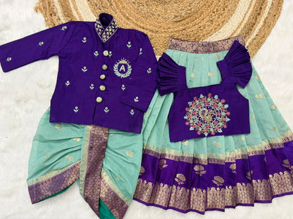 Brother & Sister Maggam Cute Traditional Combo – Banaras Silk Crop Top & Boy Kurta Dhoti Set