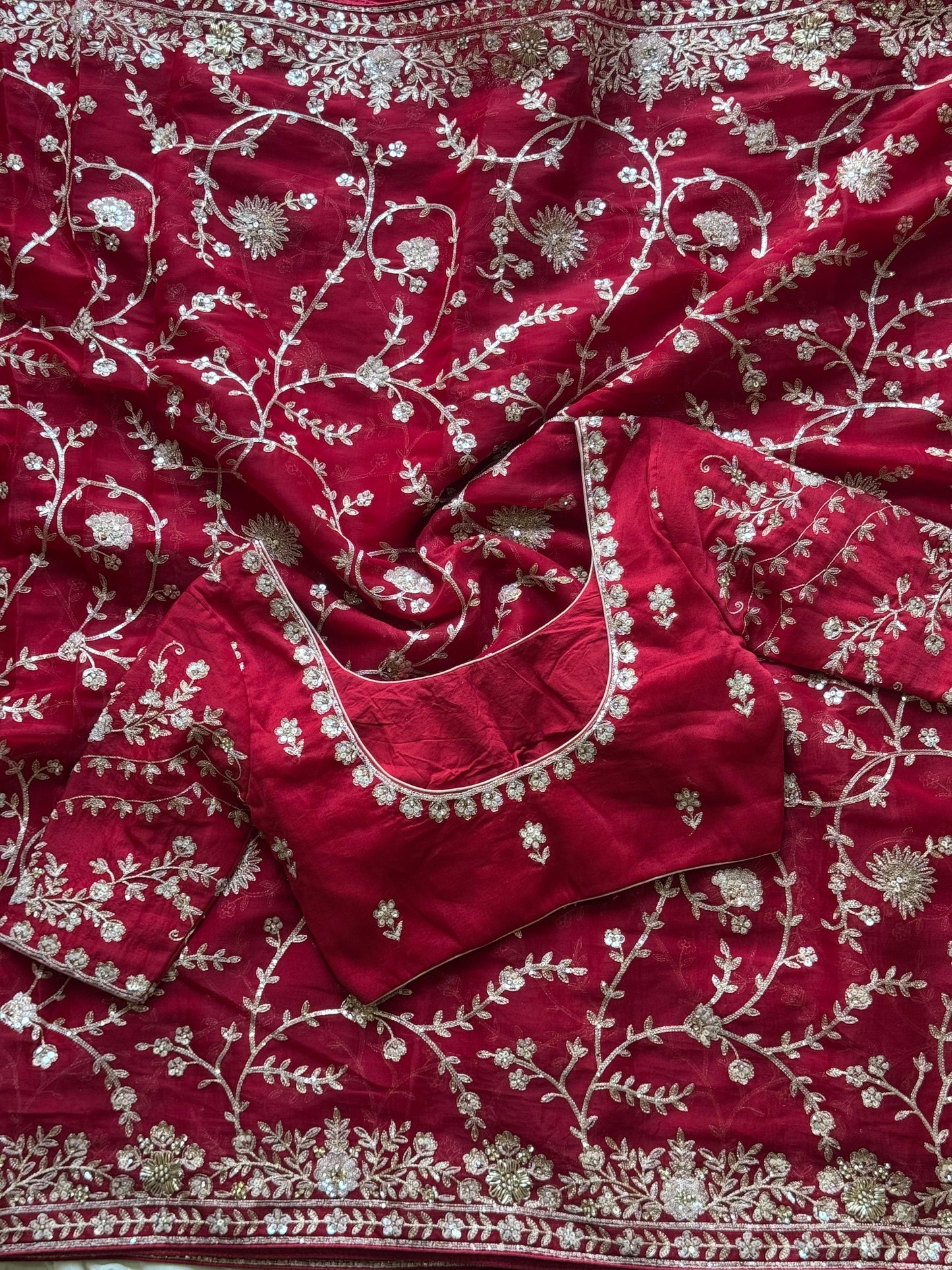 Cherry Aari Work And Handwork saree with stitched Luxe blouse