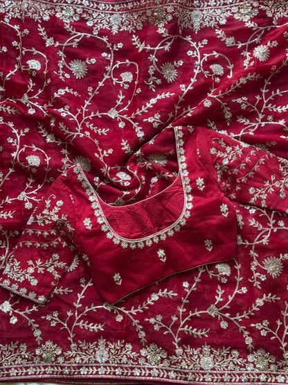 Cherry Aari Work And Handwork saree with stitched Luxe blouse