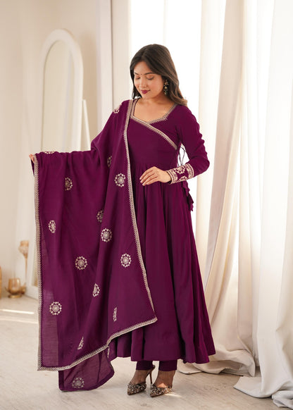 Pure Roman Chanderi Silk Fabric Fully Flare Angrakha Style Anarkali