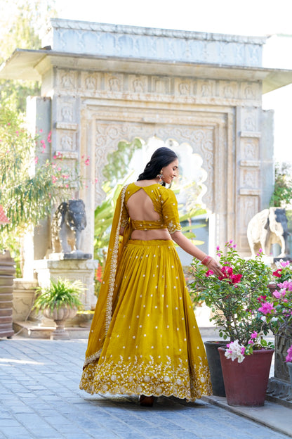 Vichitra silk mustard Haldi lehenga
