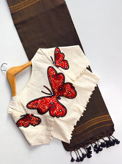 Khadi cotton saree with stiched blouse