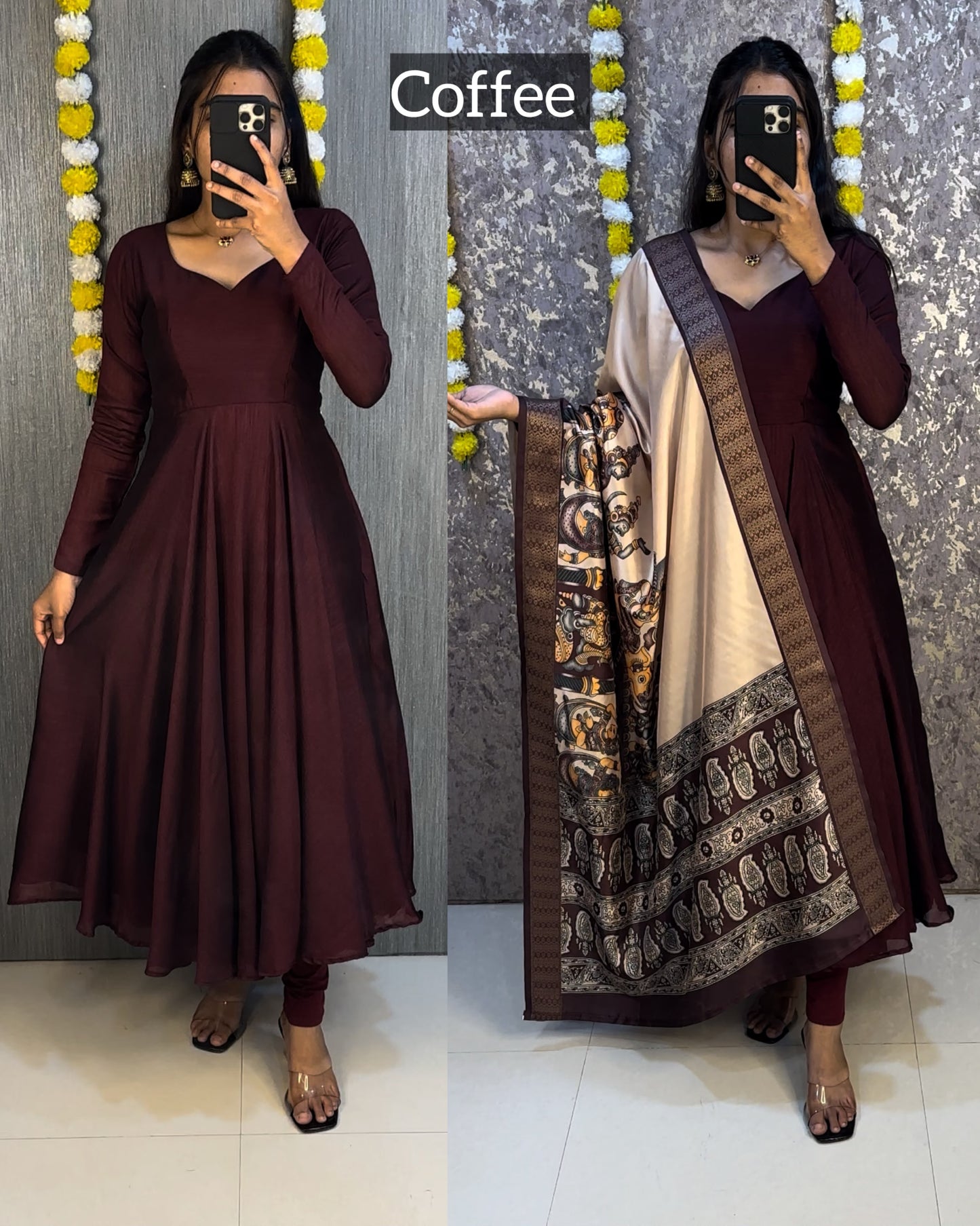 Collage style Anarkali sets with  Kalamkari dupatta