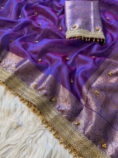 Banarasi Tissue Zari Weaving Border Saree  ghungroo work