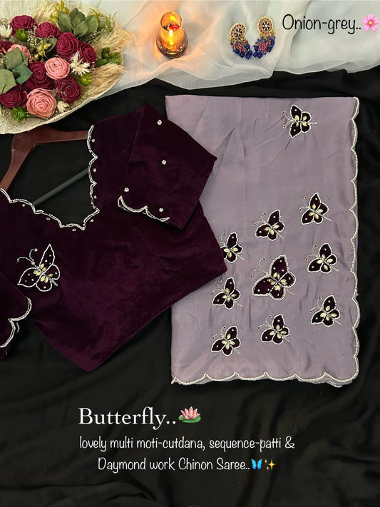 Butterfly Multi Moti Cutdana Butties trendy saree with stitched blouse