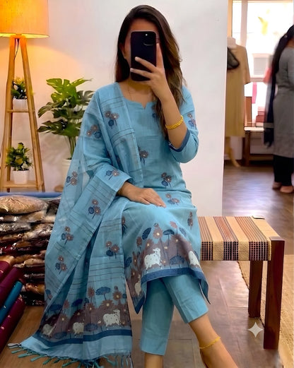 3 pieces ethinic wear Jamdani cotton kurti
