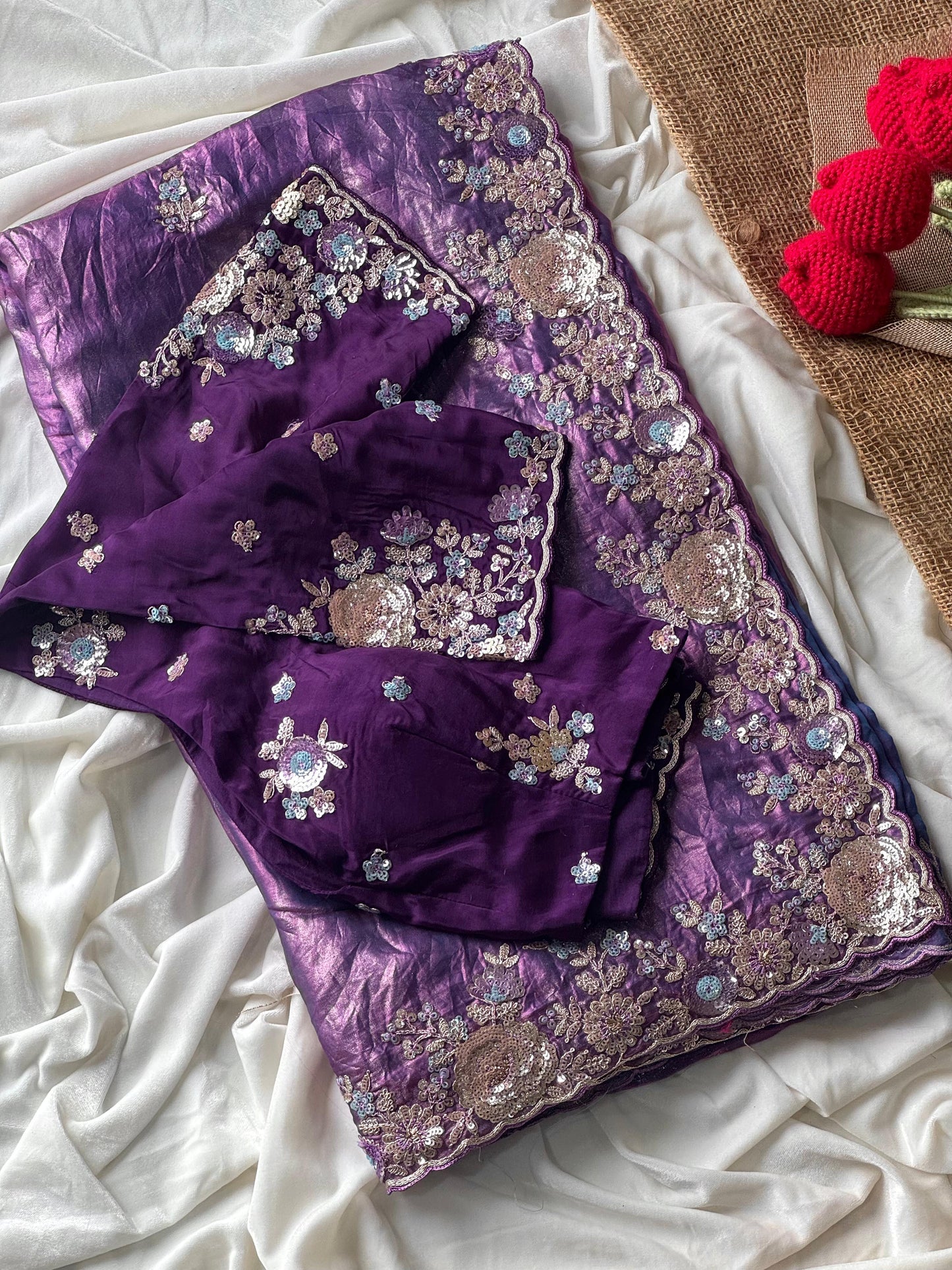 Pure space silk saree with pure  Luxe coding work saree stitched blouse