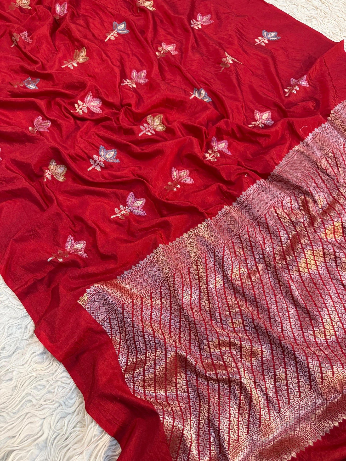 Semi pattu traditional gold zari red minakari  saree
