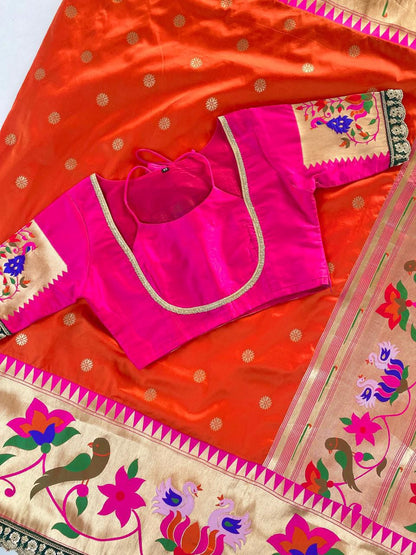 Paithani  orange saree with stitched Blouse