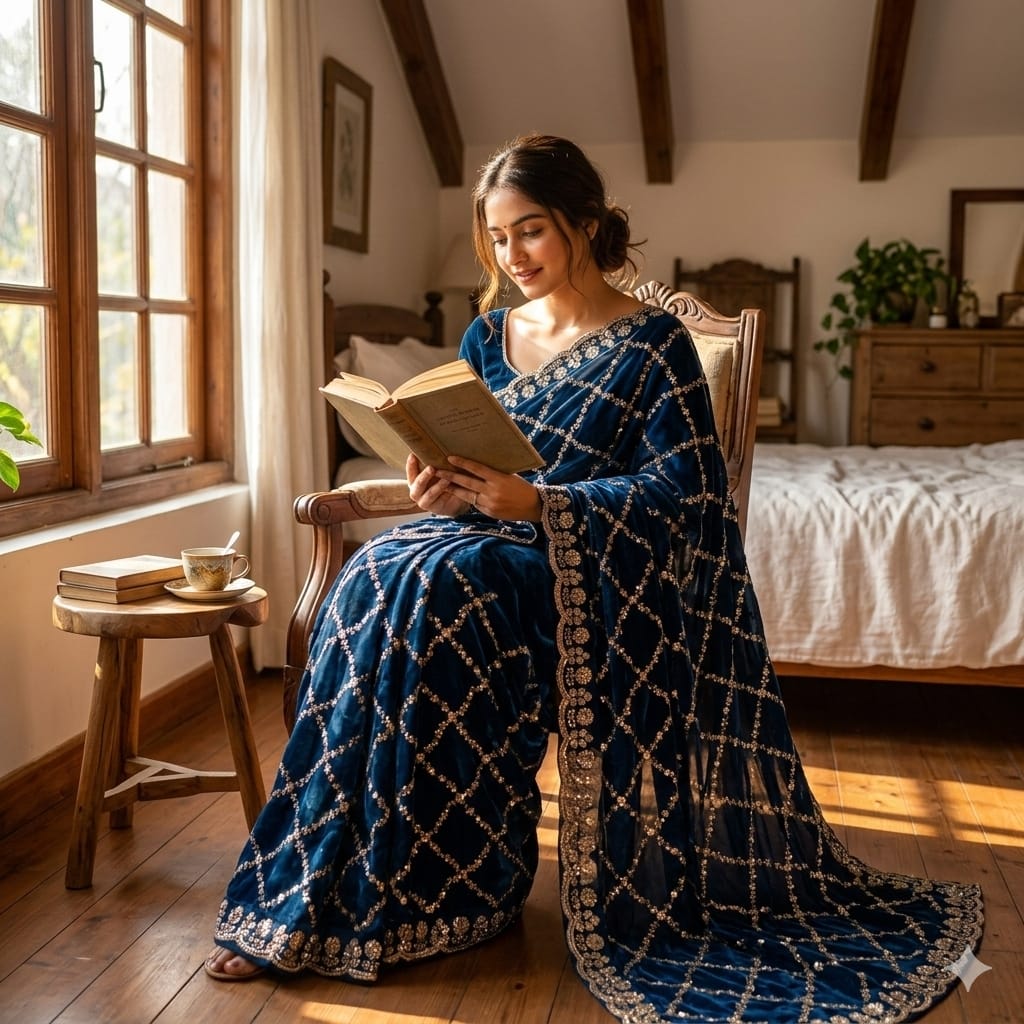 Luxe grand party beeds work velvet shine saree