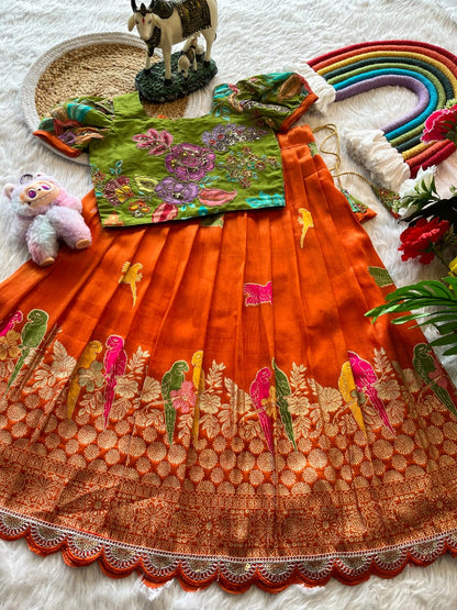Kids lehenga made from viscose tissue silk is