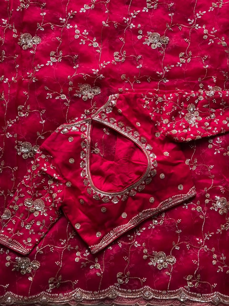 Raspberry Luxe Coctail Handwork saree with stitched blouse