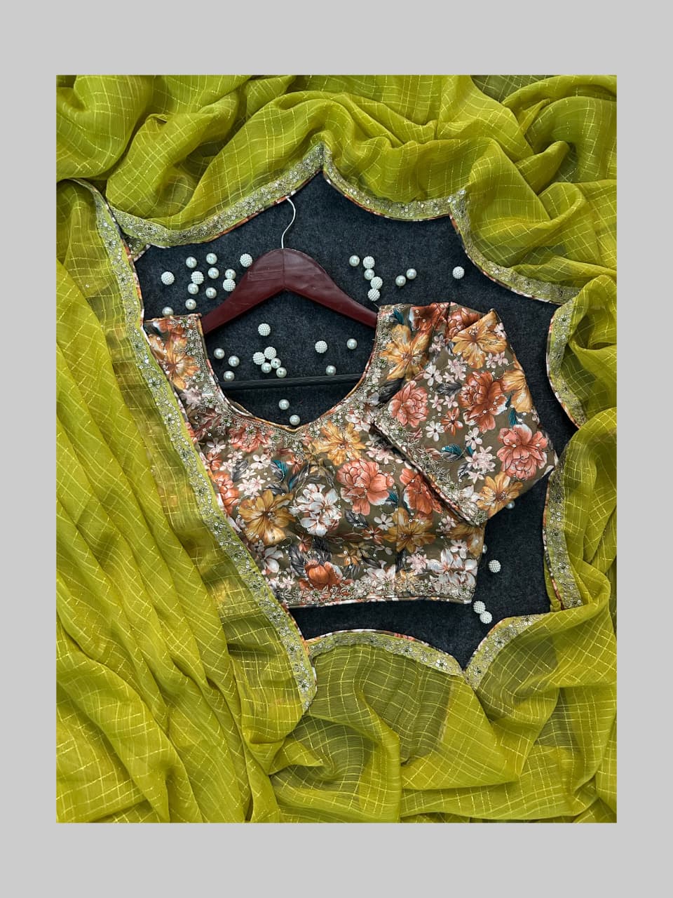 Multi data jari sequence embroidery saree with stitched blouse