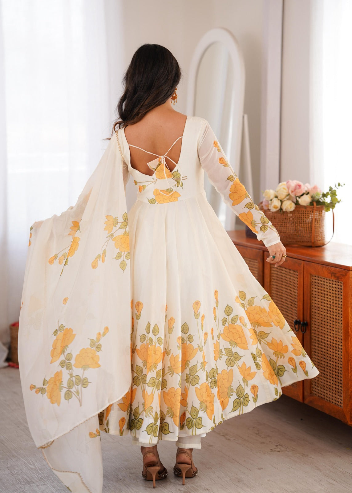 Classic Yellow Floral Printed Organza Anarkali sets