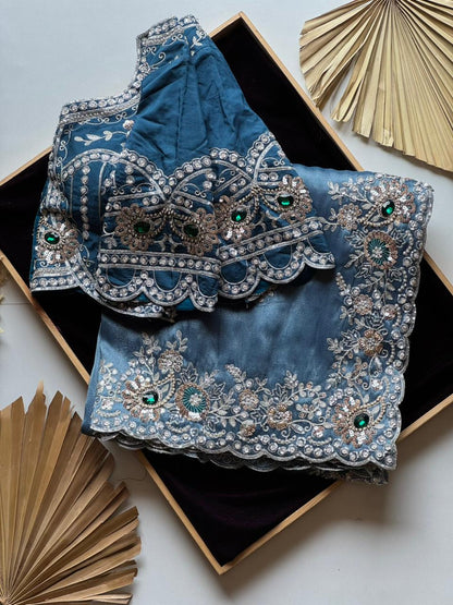 Cocktail  Ocean blue luxe Saree with stitched blouse