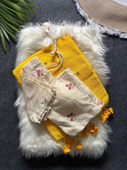 Khadi Cotton  saree with fully stitched Embroidery Blouse