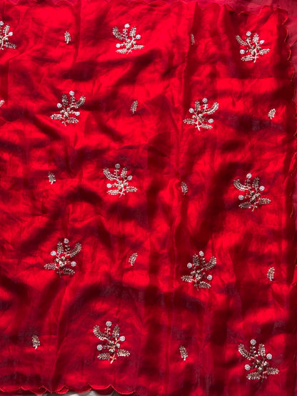 Soft silk with beads flower work saree with stitched blouse