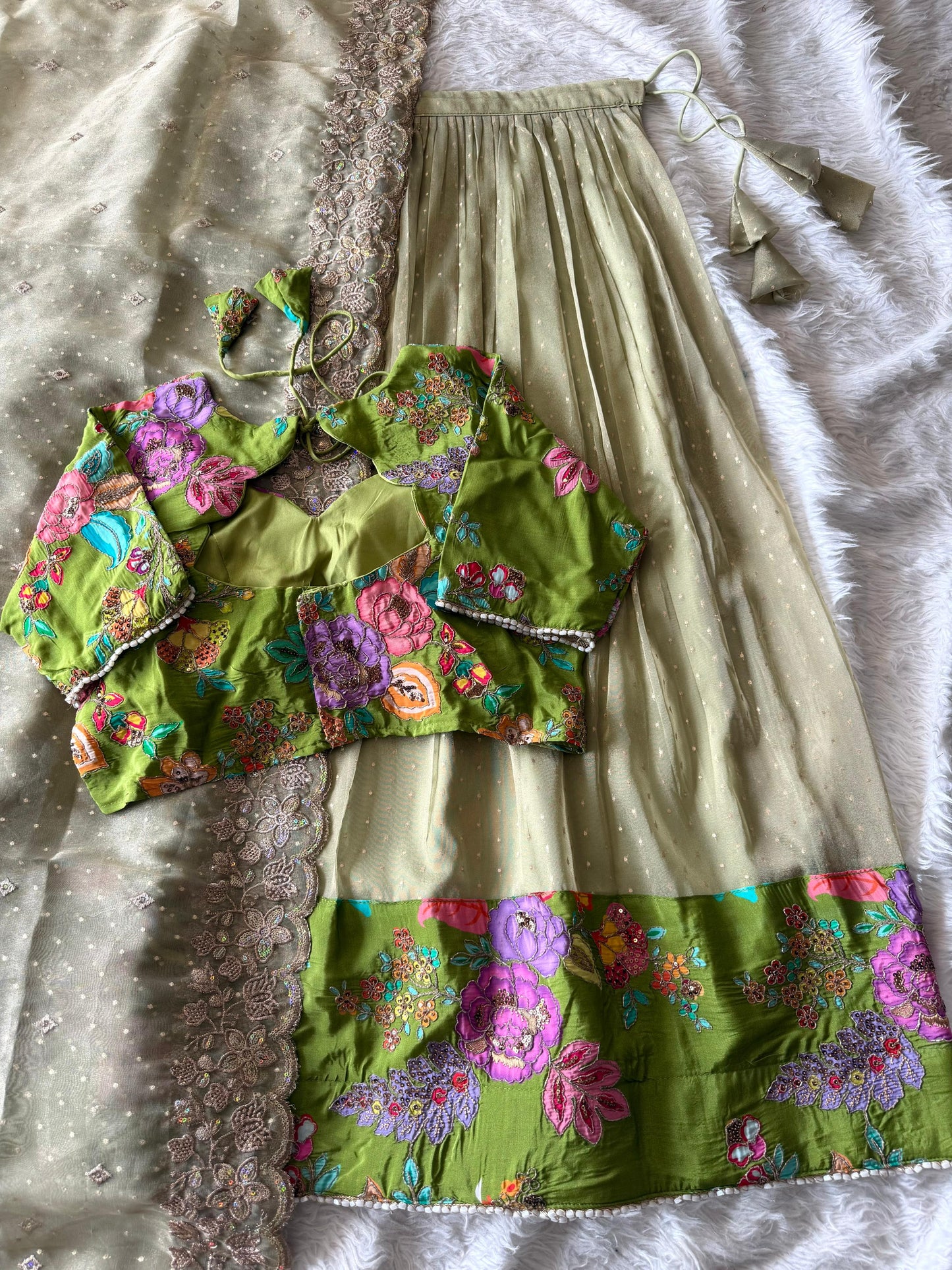 Position embroidery salsa handwork  designer lehenga