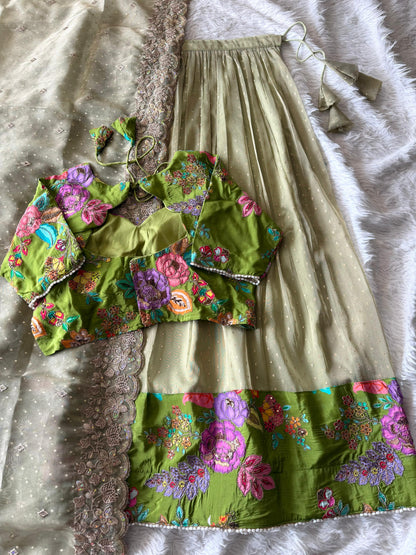 Position embroidery salsa handwork  designer lehenga