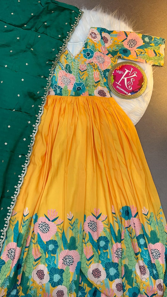 Classic Kalamkari pattern print Khatli work gowns