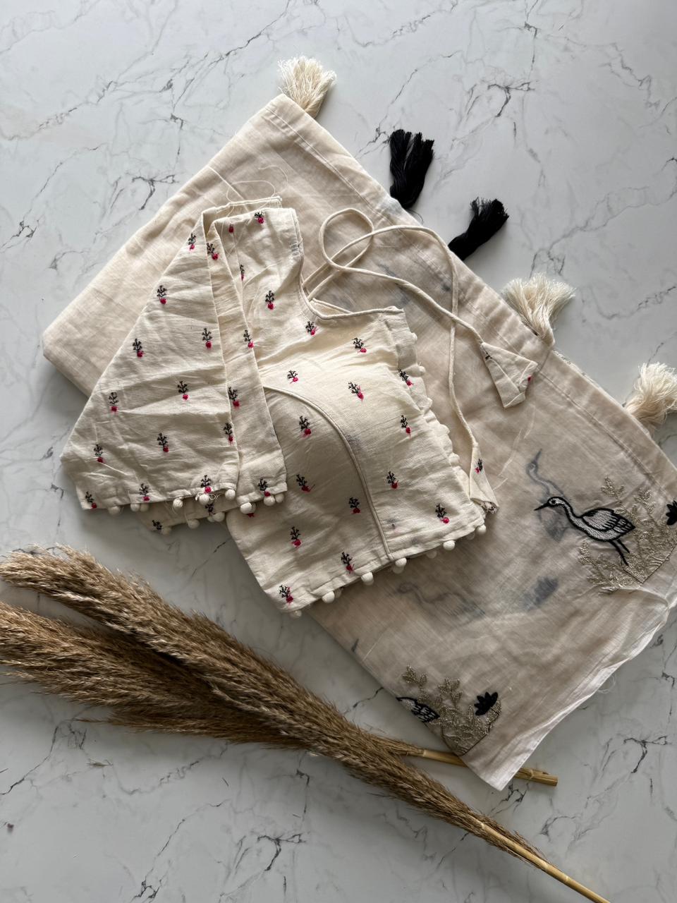 Chanderi Cotton Saree With Multy Thread Cow, Horse Work And Cotton Tussles with stitched blouse