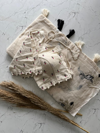 Chanderi Cotton Saree With Multy Thread Cow, Horse Work And Cotton Tussles with stitched blouse